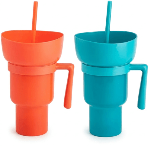 Vaso 2 en 1 para Snacks y bebidas con plato, vaso y pajilla , resistentes, 2pack
