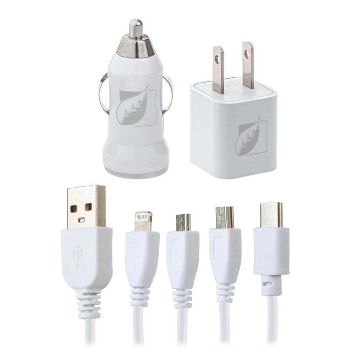 Kit 2 Cargadores Green Leaf Pto Usb 2.A Con Cable Type C, Lightning, Mini  Usb, Micro Usb Blanco