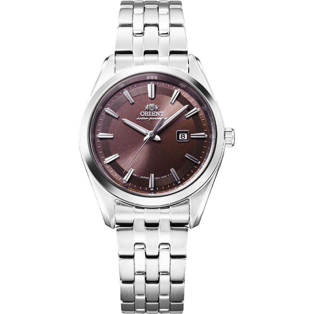 Reloj Orient Stretto Date Solar M para dama con pulsera de acero modelo: RA-WG0603R