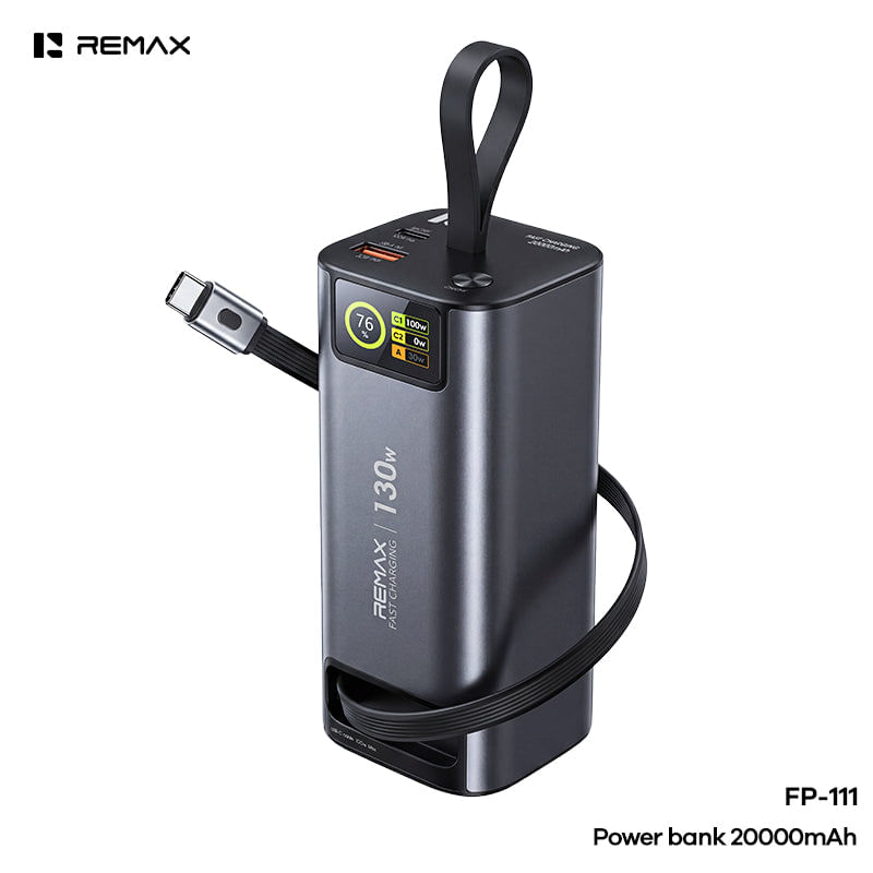 Power Bank Remax 20000mAh de 130W con Cable Retráctil y Pantalla TFT FP-111