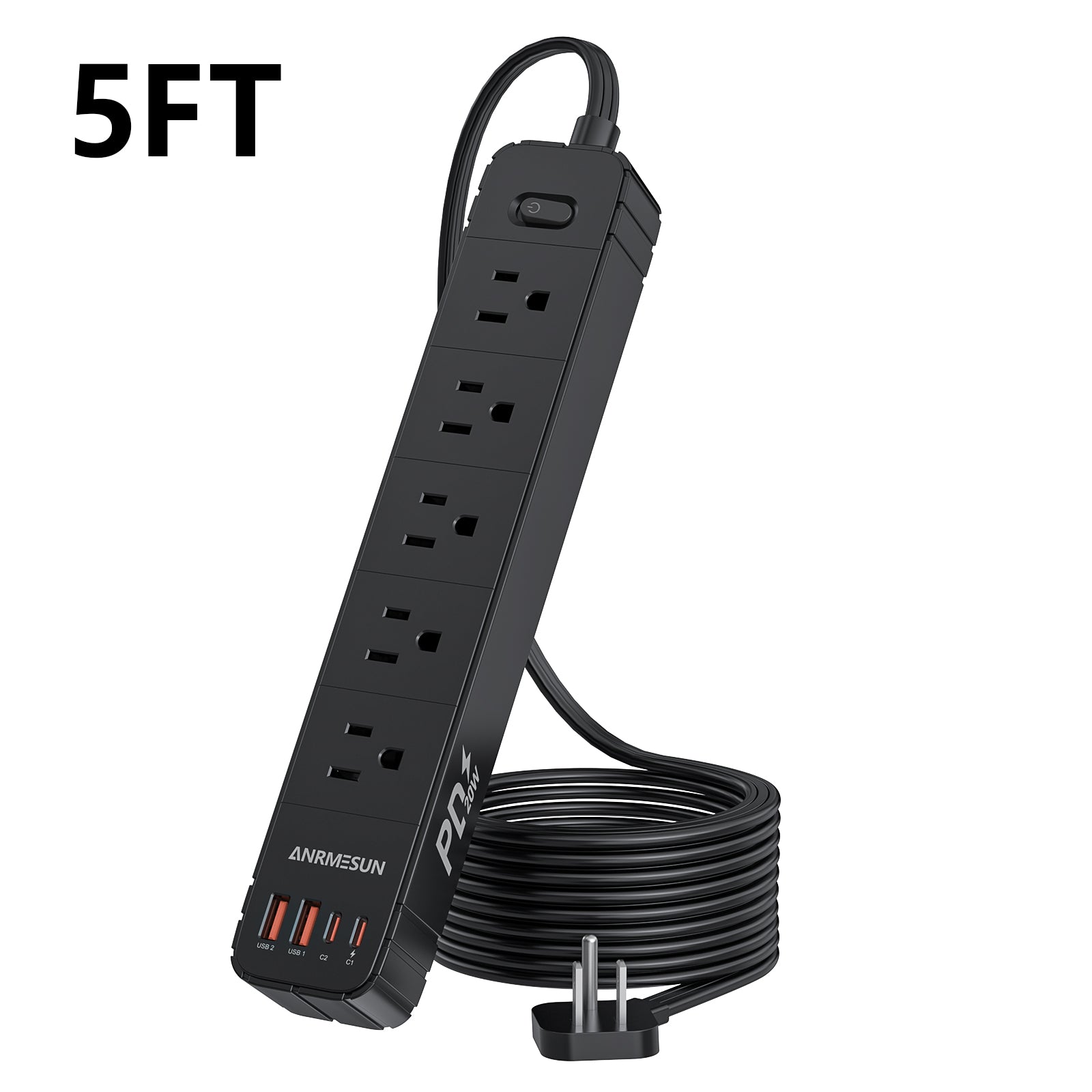 Regleta Eléctrica Anrmesun AP-S1501C con 5 Tomas AC, 2 USB-A y 2 USB-C PD 20W 6978327871921