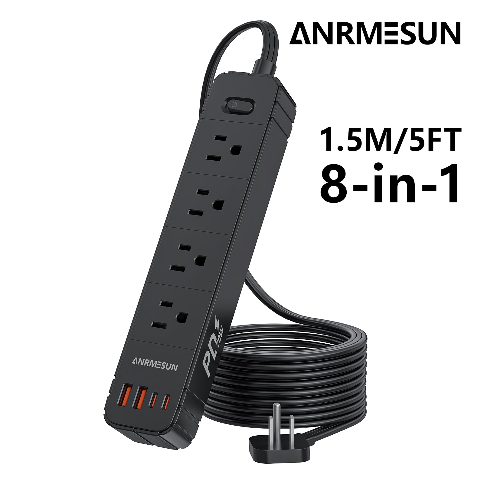 Regleta Eléctrica Anrmesun AP-S1401C con 4 Tomas AC, 2 USB-A y 2 USB-C PD 20W AP-S1401C-N