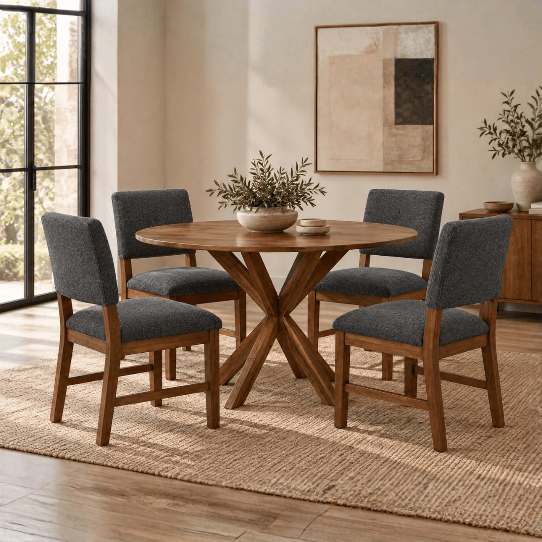 Juego de Comedor Tokio para 04 Personas Tela Sued Gris