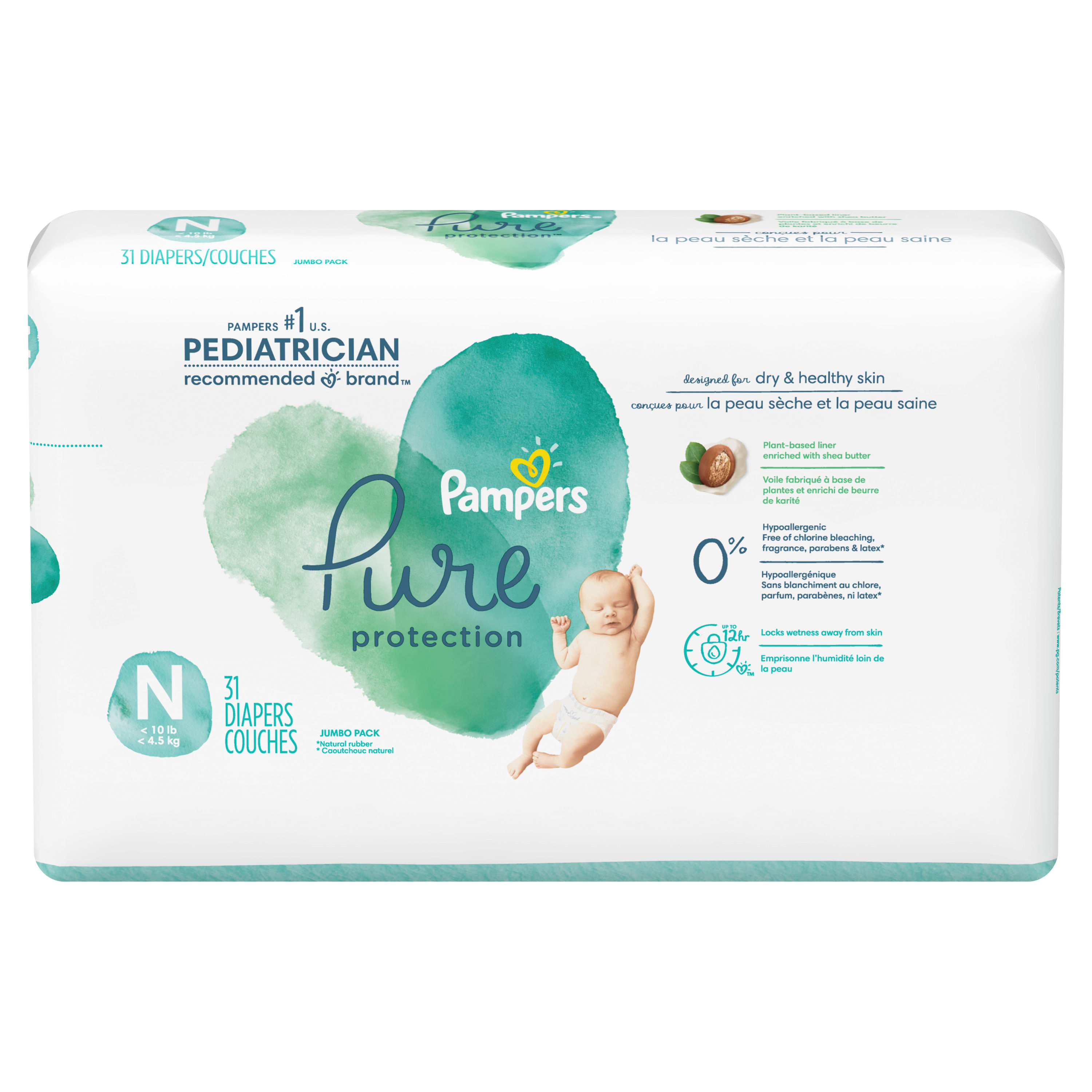 Pañales Pampers Pure Protection Talla N, 31 Unidades
