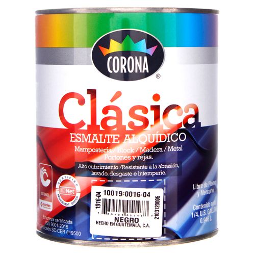 Pintura Esmalte Alquídico Corona Clasica Mamposteria, Block, Madera, Metal, Portones Y Rejas Color Negro 1/4