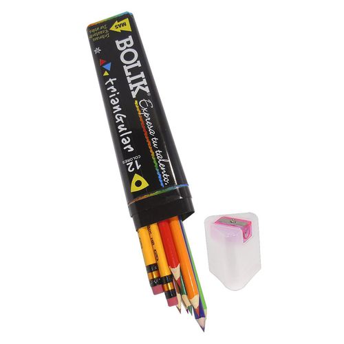 Lápices Bolik de colores de madera diseño triangular con sacapuntas y lápiz grafito - 15 Pzas