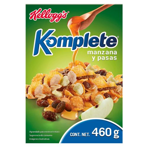 Cereal  Kellogg's® Komplete® Manzana y Pasas - Cereal de Maíz, Avena, Arroz, Salvado de Trigro, Uvas Pasas, Manzana y Miel - 1 Caja de 440gr