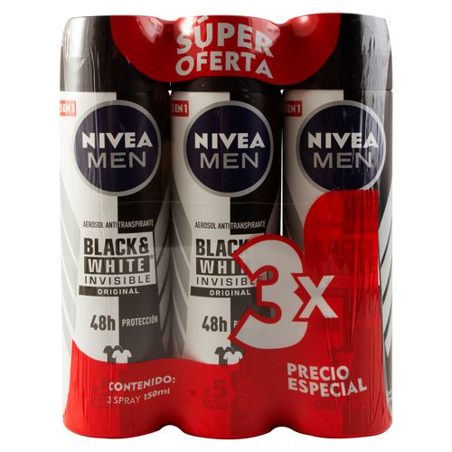 3 Pack Desodorante Nivea Aerosol Black White Original Invisible - 450ml
