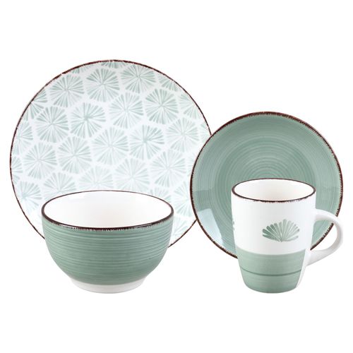 Vajilla 16 Piezas Ceramica Color Verde  Diseño Floral
