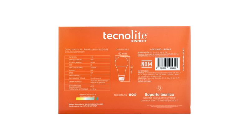 KIT DE TRES FOCOS LED TECNOLITE SMART RGB 8W LUZ RGB Y BLANCA BASE E27  COMPATIBLE CON APP MÓVIL Y ASISTENTES DE VOZ