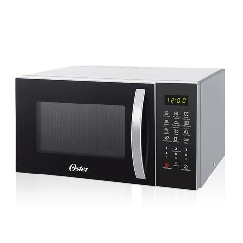 Microondas digital Oster 0.8 pies cubicos color silver, apertura de puerta con agarradera, reloj digital, programas de cocción predeterminados