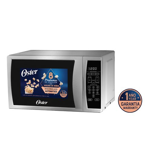 Microondas digital Oster 0.7 pies cubicos color silver apertura de puerta con agarradera, función de descongelar, con seguro de niños
