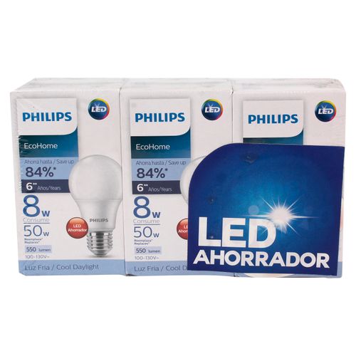 3Pack Led Ecohome Philips 8W Luz Blanca