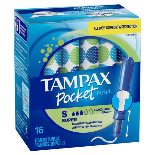 Tampones compactos de gran absorción con aplicador de plástico sin BPA y trenza LeakGuard Tampax Pocket Pearl , sin perfume, 16 unidades