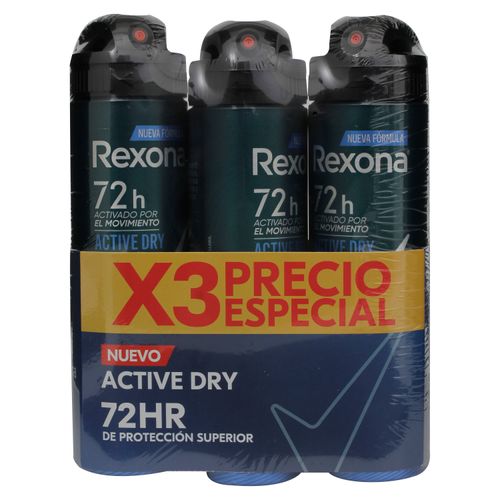 3Pack Desodorante Aerosol Rexona Active Dry 72 Hr Proteccion 450Ml