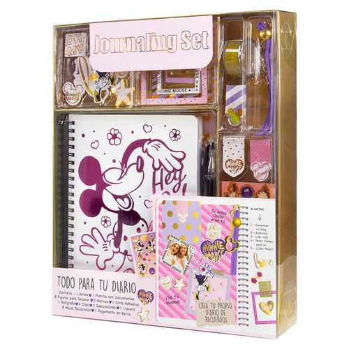 Set de accesorios de Minnie con diferentes figuras decorativas, marcos, separadores, pegamento, hojas decoradas y más para crear tu propio diario de r