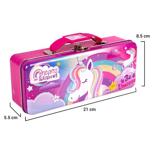 Lapicera Rectangular Metálica Unicorns and Rainbows con agarradera para transportar con mayor facilidad