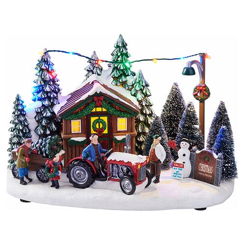 Figura navideña Holiday Time Lote venta arboles navideños tiene iluminación, cuenta con 8 canciones a reproducir funciona con baterias,  19 cm