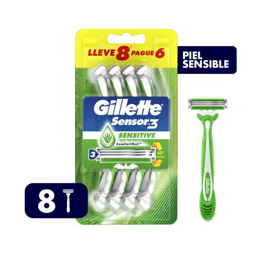 Rasuradora Gillette Prestobarba3 Sensitive con Aloe, Piel Sensible, 8 Uds