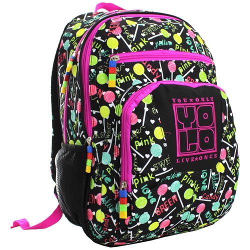 Mochila Juvenil Yolo Con Malla  En Laterales Para Botella Y Compartimiento Interno Para Laptop Estampado Color Negro.