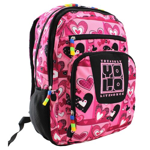 Mochila Juvenil Yolo Con Malla  En Laterales Para Botella Y Compartimiento Interno Para Laptop Estampado Color Rosado.