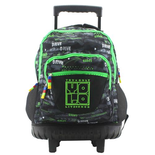 Mochila Yolo Con Ruedas Con Compartimiento Interno Para Laptop Y Malla En Laterales Para Botella Color Negro Y Verde