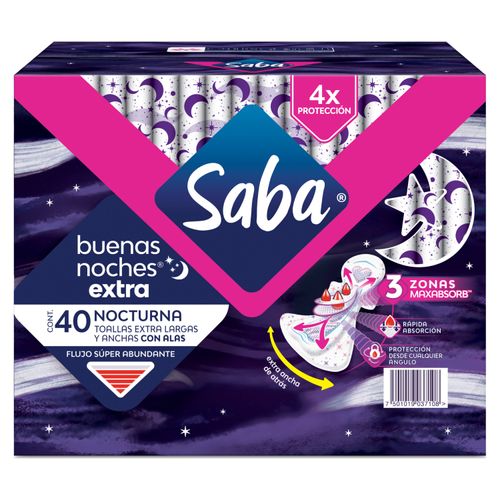Toallas Femeninas Saba Buenas Noches Extra Flujo Súper Abundante Con Alas - 40 uds