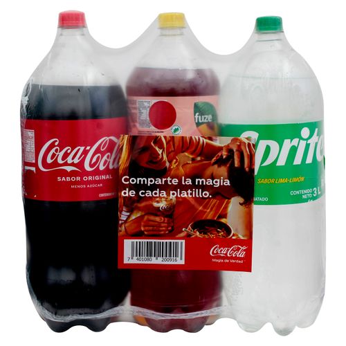 3 Pack Bebidas Gaseosas Coca Cola Original 3L Y Sprite Lima Limon 3L Y Te Fuze Melocoton 2.5Lt