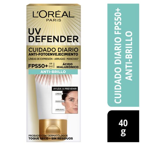 Crema L'Oréal París UV Defender Anti-Brillo Sin Color FPS50, Ácido Hialurónico - 40g