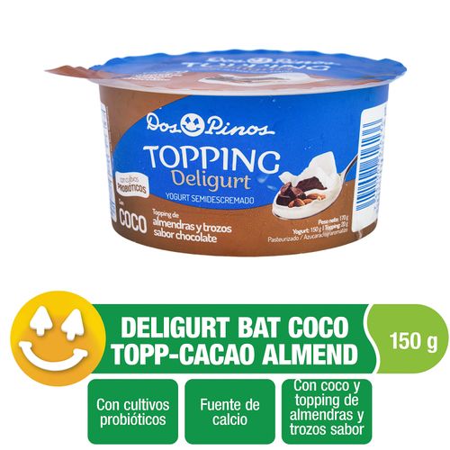 Yogurt  Dos Pinos Deligurt Con Coco, Semidescremado, Con Topping De Almendras Y Trozos Sabor Chocolate  - 150g