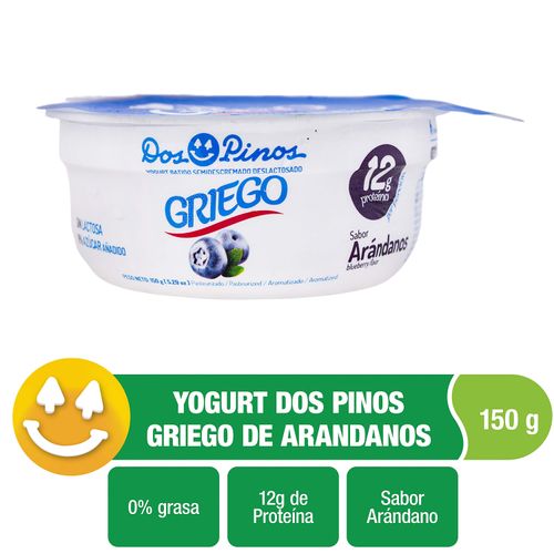 Yogurt Dos Pinos Griego Sabor Arándanos, Semidescremado, Sin Lactosa, 0% Azúcar Añadido - 150g