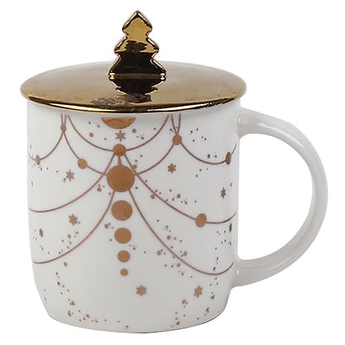 Taza Holiday Time Color Blanco Con Tapa Pino Y Puntos Dorados