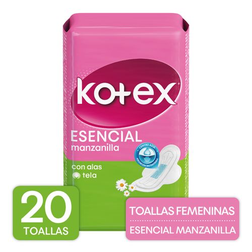 Toallas Femeninas Kotex Esencial Manzanilla Con Alas  20Uds