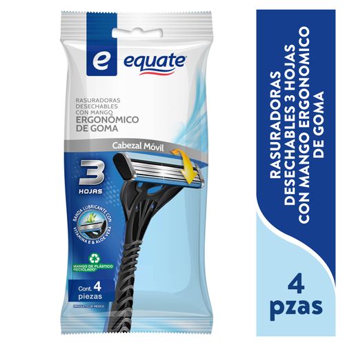 Rasuradoras Marca Equate Triple Hoja Mango De Goma Ergonomico Desechables - 4Pzas