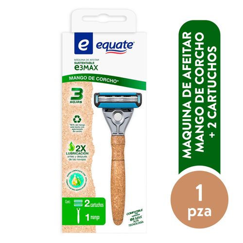 Rasuradora De Alta Tecnologia Triple Hoja E3 Max Sustentable Marca Equate Mango De Corcho + 2 Cartuchos