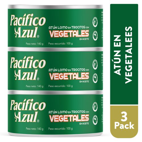 3 Pack Atún Pacifico Azul Lomo en Trocitos con Vegetales - 420gr