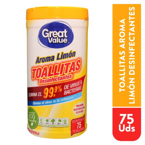 Toalla Desinfectante Marca Great Value Aroma Limón - 75 Unidades