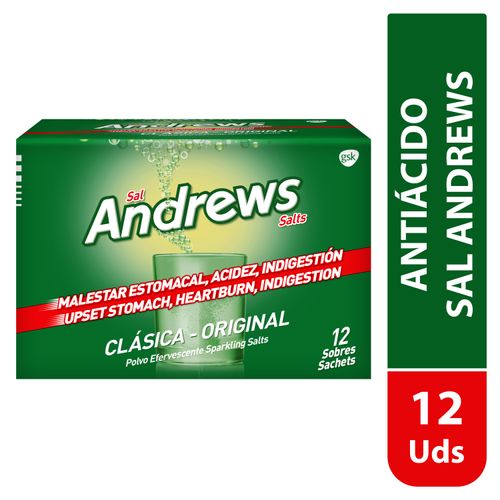 Polvo Efervescente Antiácido, Sal Andrews Clásica, Caja 12 Sobres