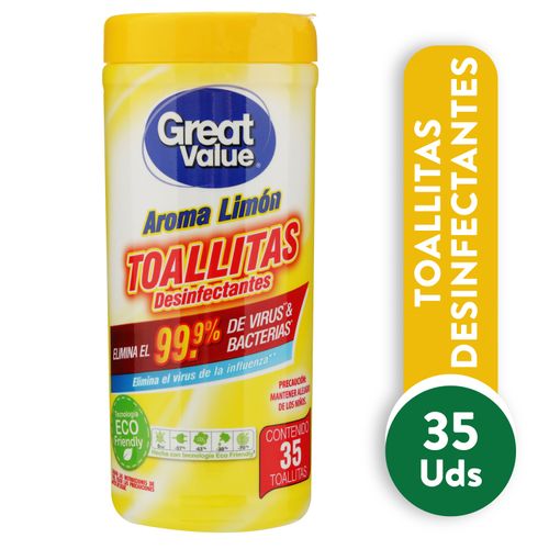 Toalla Desinfectante Marca Great Value Aroma Limón - 35 Unidades