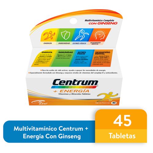 Multivitamínico Centrum + Energía, Con Ginseng, Caja 45 Tabletas