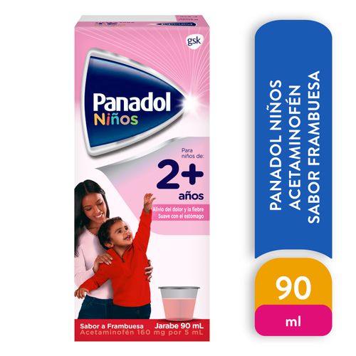 Analgésico Acetaminofén, Panadol Niños Sabor Frambuesa, Jarabe -  90ml