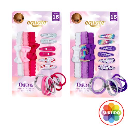 Clips Y Bandas Elásticas Para Niña - Accesorio Para Cabello Marca Equate - Set 15 Pzas