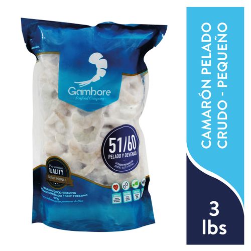 Camarón crudo Gambore pelado y desvenado talla 51/60 - 1.36 kg