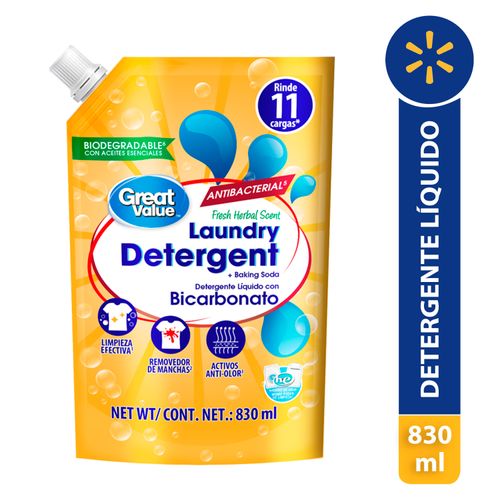 Detergente Líquido Marca Great Value Bicarbonato Doypack - 830 ml