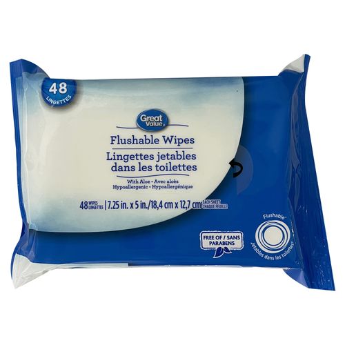 Toallas Húmedas Desechables Flushables Marca Great Value Hipoalergénica Con Aloe - 96 Unidades