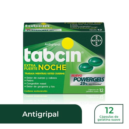 Antigripal Gel Tabcin Para Noche , Extra Fuerte - 12 Cápsulas