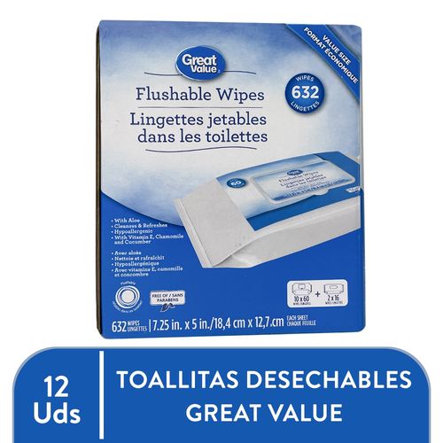 Toallas Húmedas Desechables Flushables Marca Great Value Hipoalergénica Con Aloe - 632 Unidades