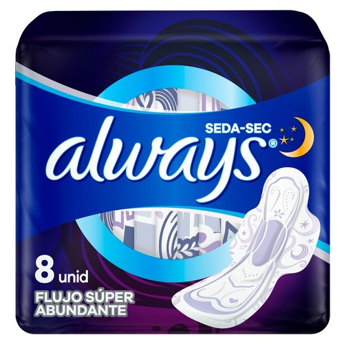 Toallas Femeninas Always Nocturna Seda-Sec,  Flujo Súper Abundante - 8 Uds