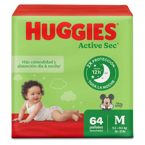 Pañales Huggies Active Sec Etapa 2/M Xtra-Flex, 5.5-9.5kg - 64Uds