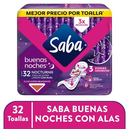 Toallas Femeninas Saba Buenas Noches Flujo Súper Abundante Con Alas  - 32 uds